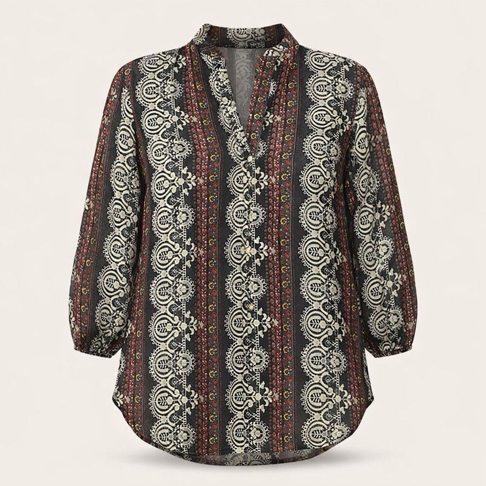 Y2K Boho Sexy Indian Style SHEER Top L Floral Scroll Shirt Blouse Women VTG USA